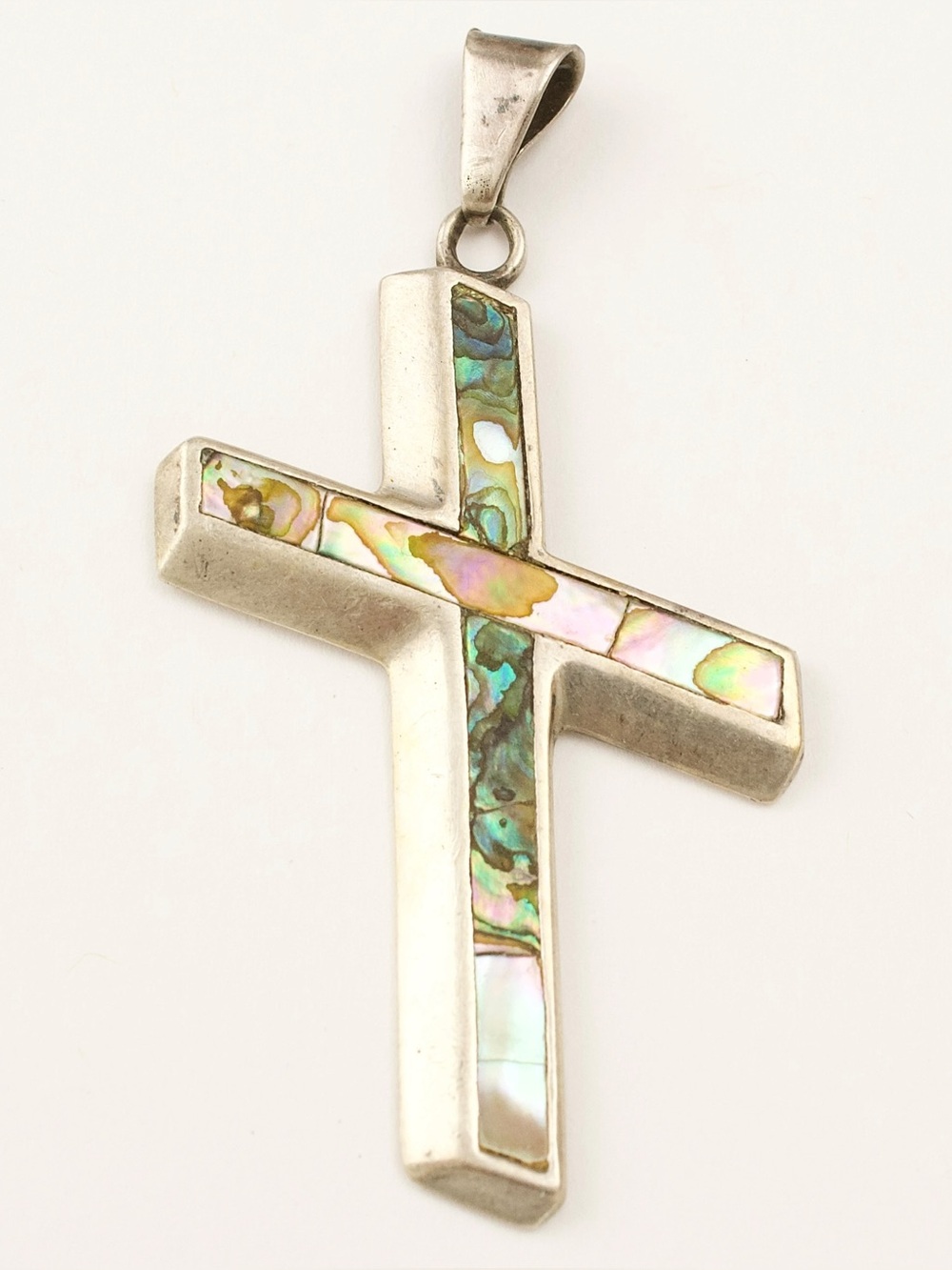 Vintage Taxco Cross Pendant, Sterling Silver with Abalone Shell Inlay